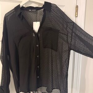NWT Zara Sheer Black Button Down